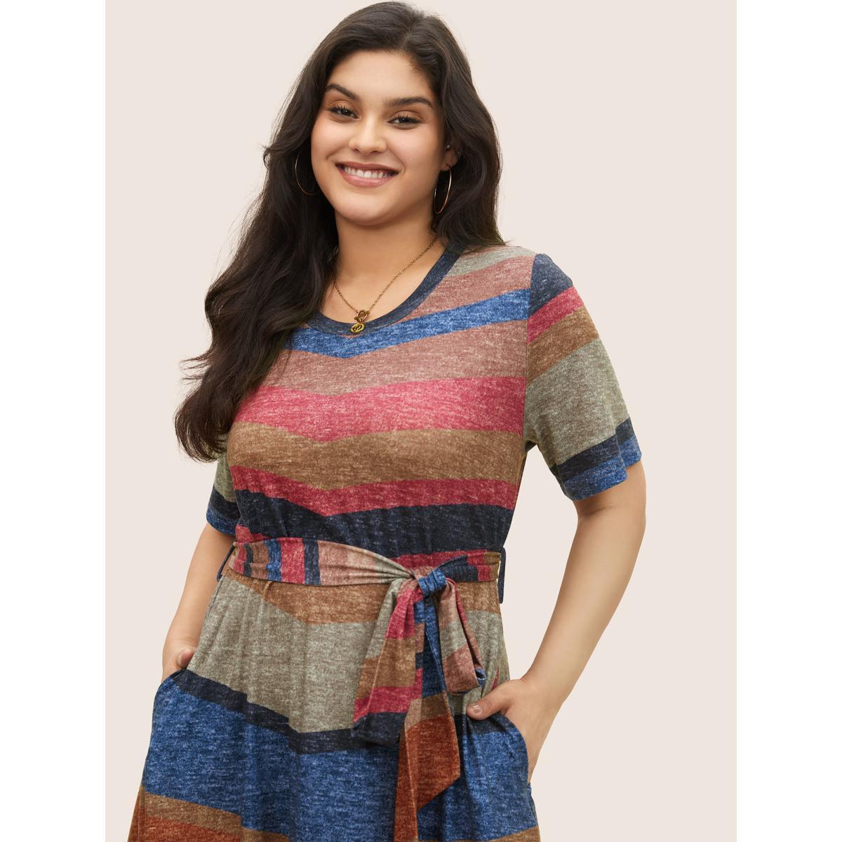 Plus Size Striped Colored Pocket Belted Dress Multicolor Women Casual Non Round Neck Short sleeve Curvy Midi Dress BloomChic 18-20/2X Product Image