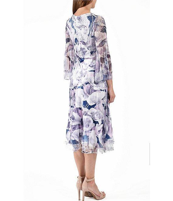 Komarov Pleated Floral V-Neck 3/4 Wide Chiffon Sleeve Layered Hem Dress Product Image