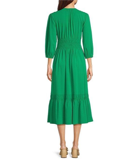 Current Air Woven Stretch Round Neck 3/4 Sleeve Smocked Waist A-Line Midi Dress Product Image