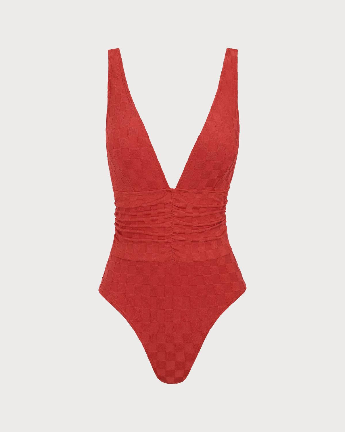 Red Plaid Ruched V-Neck One-Piece Swimsuit Product Image