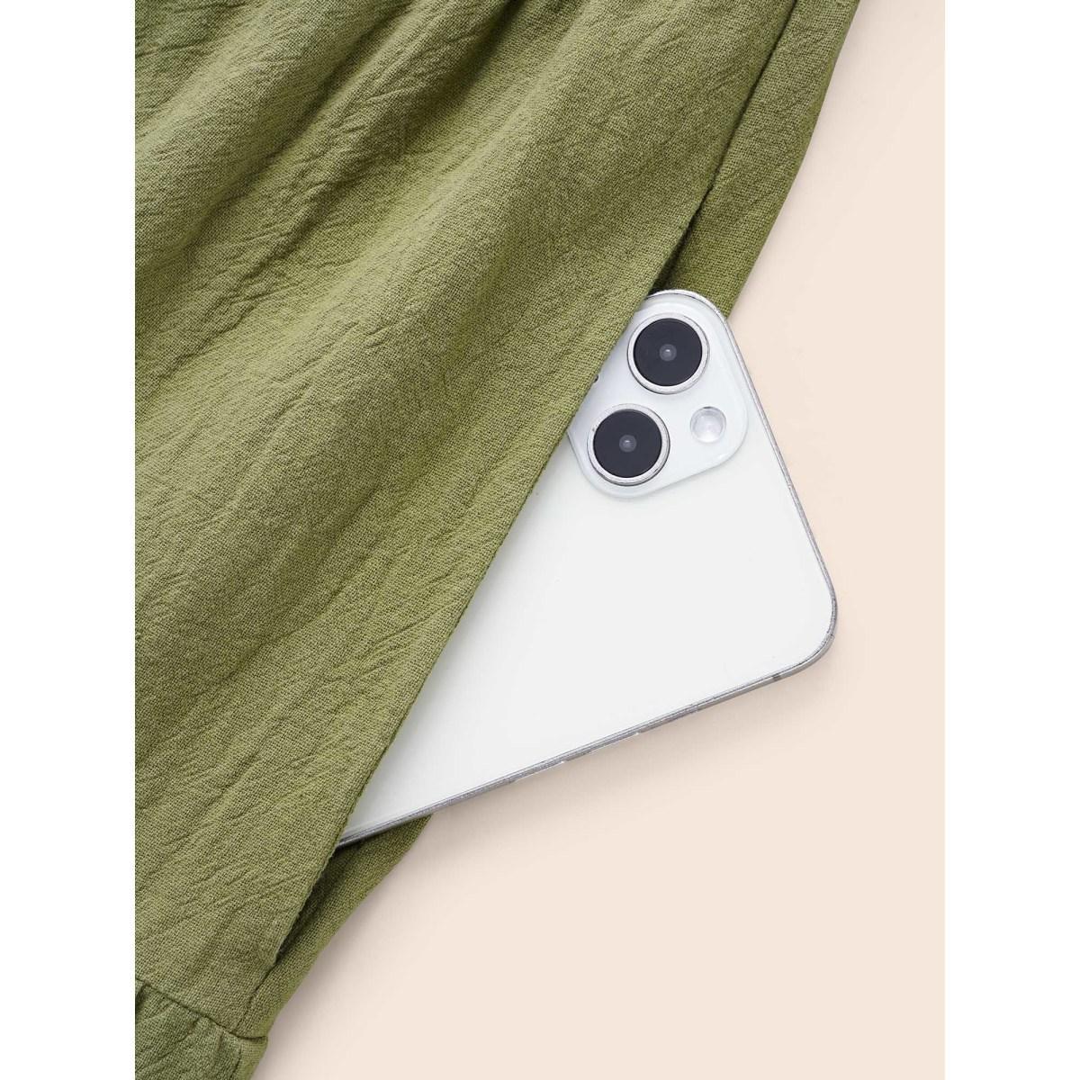 Plus Size Notched Shirred Ruffle Layered Hem Dress Olive Women Elegant Shirred Flat collar with V-notch Short sleeve Curvy BloomChic 18-20/2X Product Image
