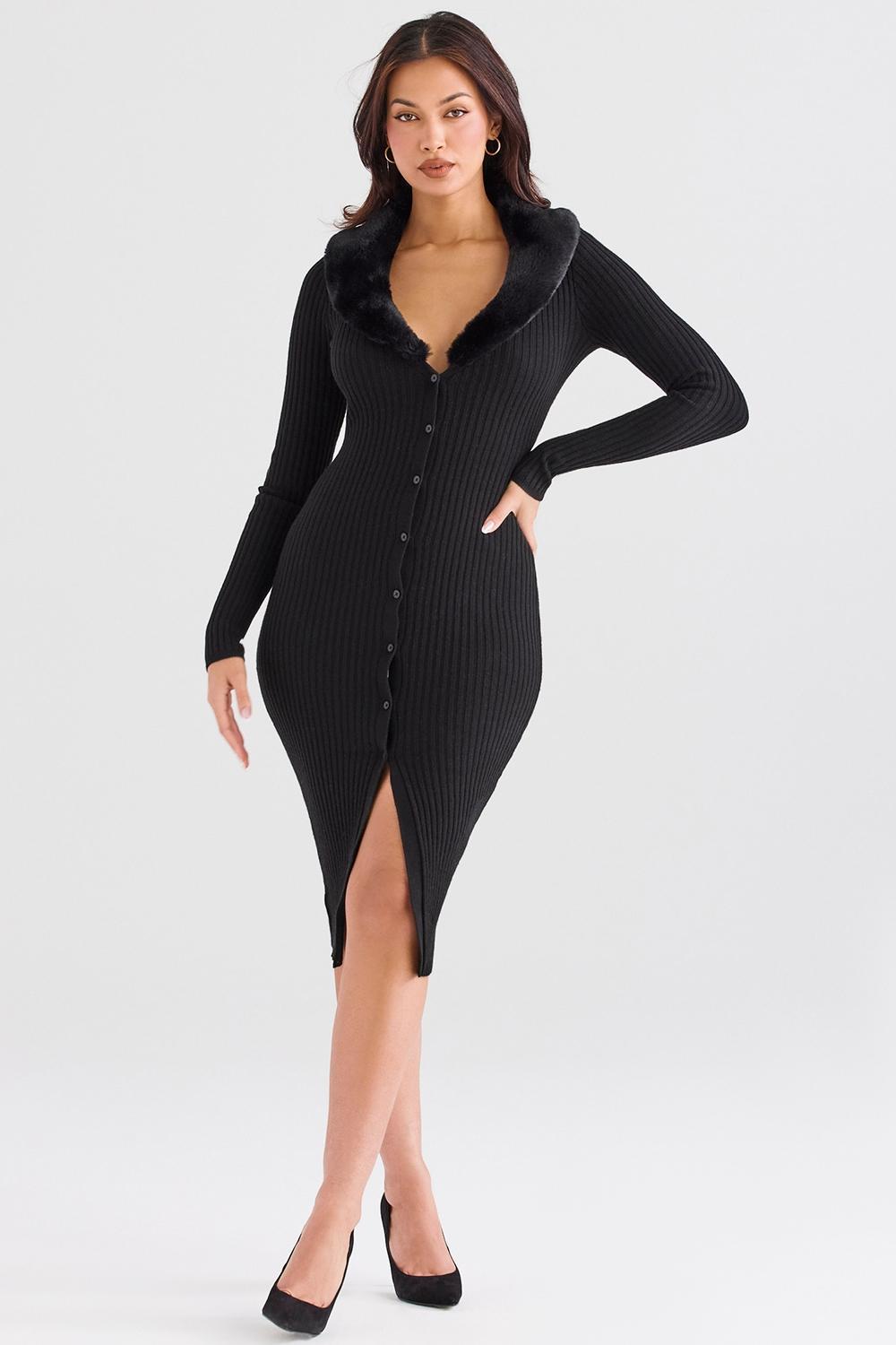 Raine Black Faux Fur Trim Dress Product Image
