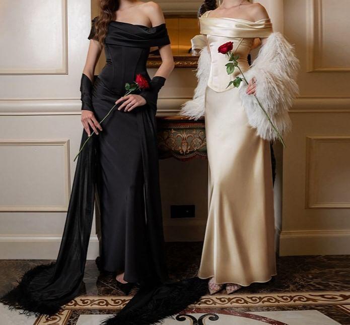Sleeveless Off-Shoulder Plain Satin Maxi Bodycon Dress Product Image