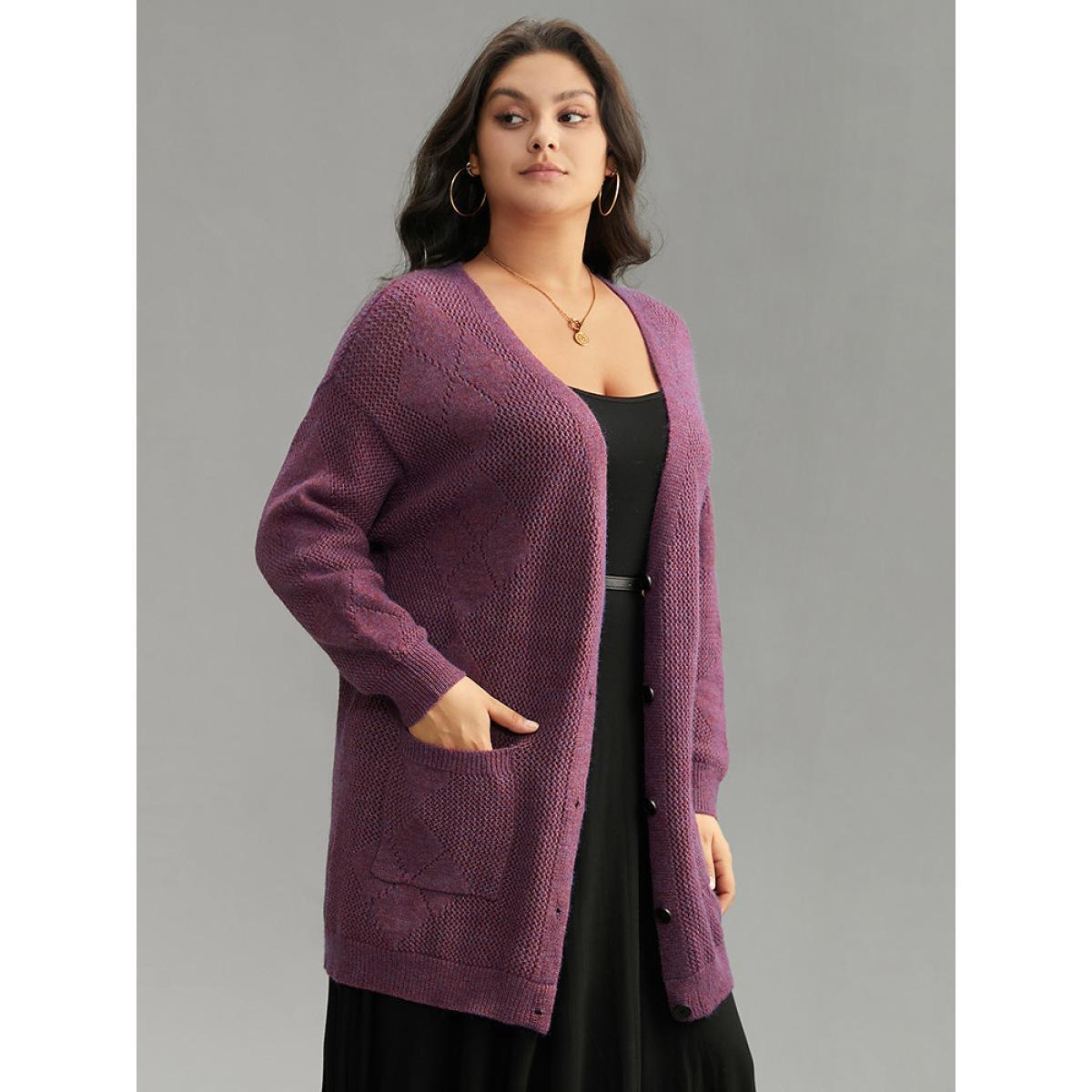Plus Size Geometric Heather Pocket Button Up Cardigan Purple Women Casual Loose Long Sleeve Dailywear Cardigans BloomChic 14-16/1X Product Image