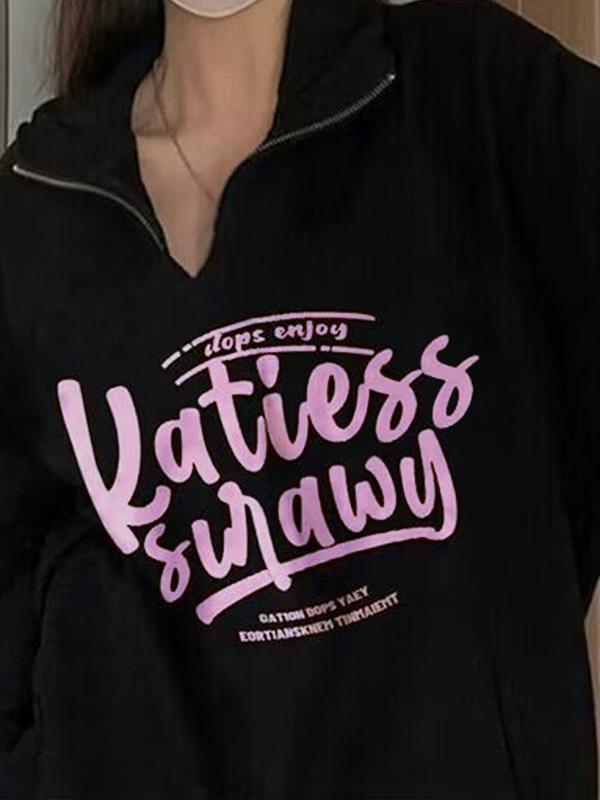 Letter Print Half Zipper Baggy Sweatshirt Product Image