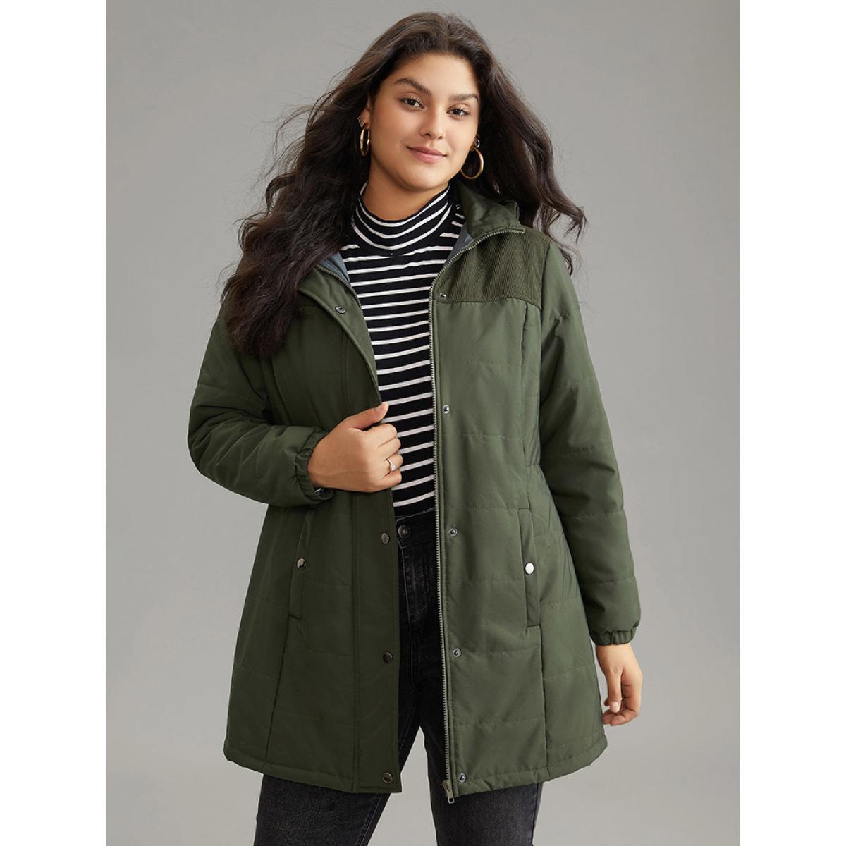 Plus Size Plain Patchwork Corduroy Zipper Padded Hooded Jacket Women ArmyGreen Lined Pocket Everyday Jackets BloomChic 18-20/2X Product Image