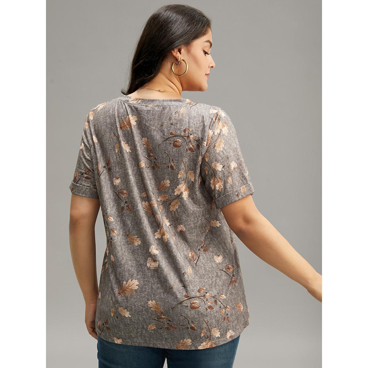 Plus Size Halloween Letter & Plant Print Cuffed Sleeve T-shirt Gray Women Casual Printed Positive slogan Round Neck Festival-Halloween T-shirts BloomChic 18-20/2X Product Image