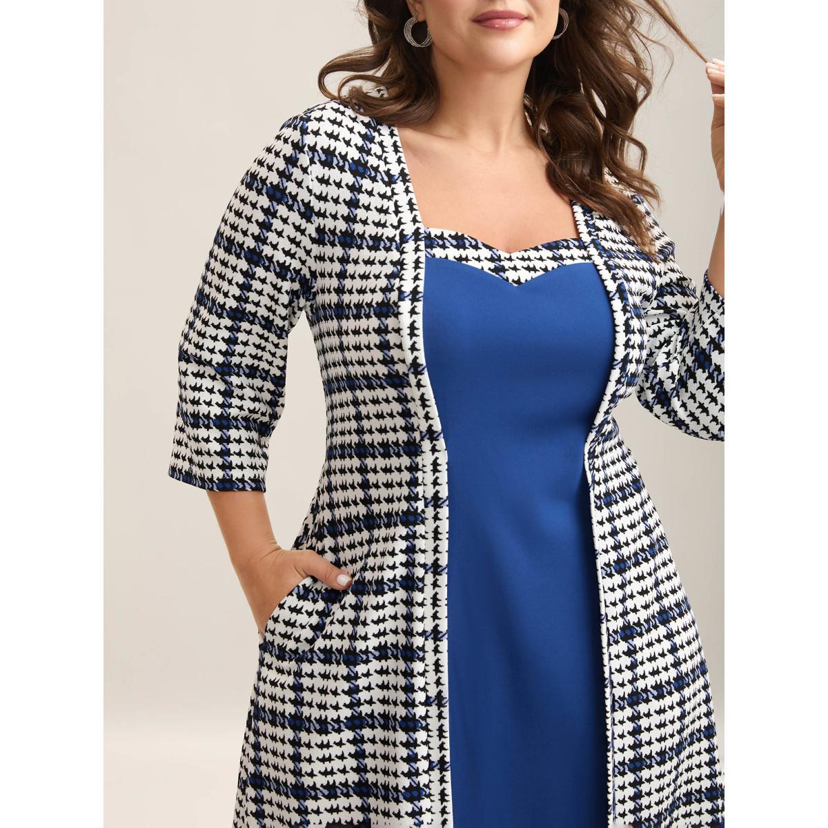 Plus Size Houndstooth Print Waist-Cinched Patchwork Midi Dress Mediumblue Women At the Office Patchwork Knit Dresses Bloomchic 14-16/1X Product Image