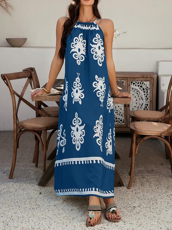 A-Line Loose Contrast Color Halter-Neck Maxi Dresses Product Image