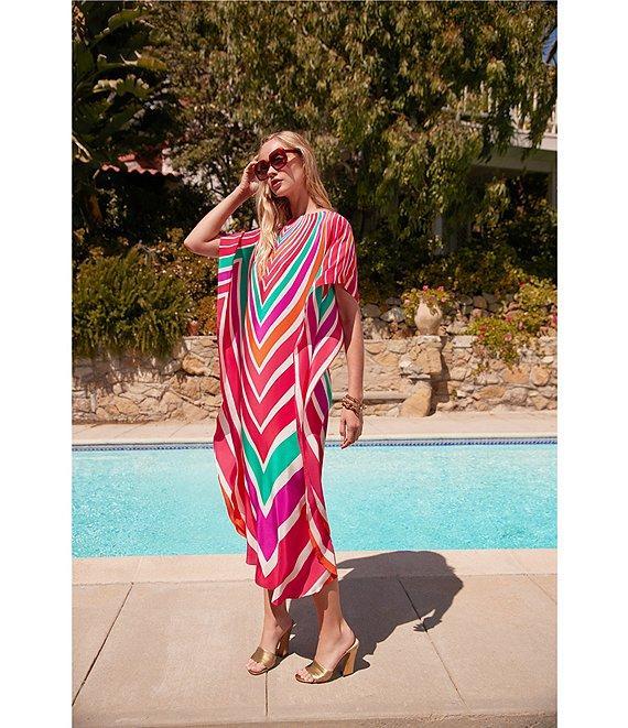 Trina Turk Jalani Printed Boat Neck Elbow Sleeve Caftan Maxi Dress Product Image
