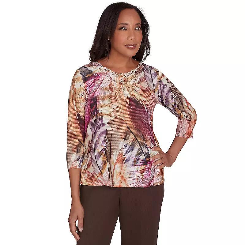 Women's Alfred Dunner Feather Lace Detailed Top, Size: Medium, Multi Red Product Image