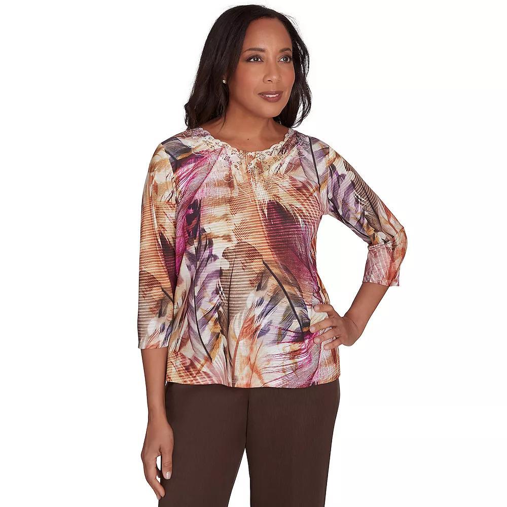 Women's Alfred Dunner Feather Lace Detailed Top, Size: Medium, Multi Red Product Image