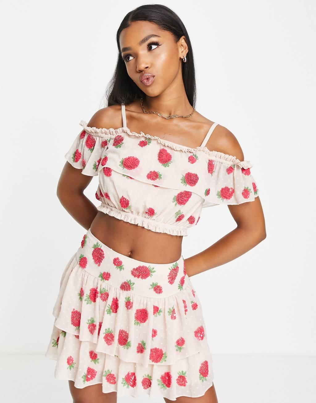 Miss Selfridge Premium embellished strawberry bardot top Product Image