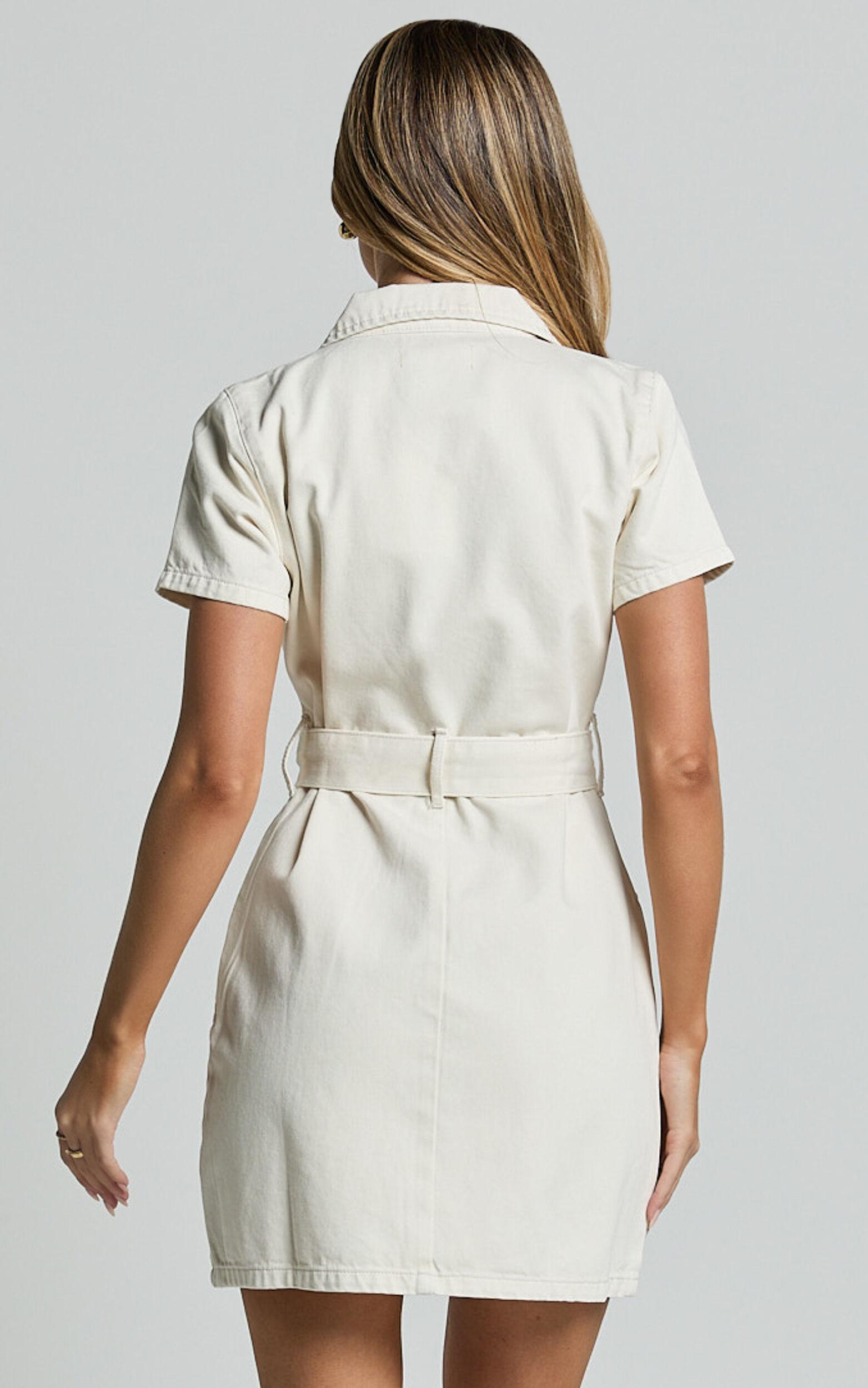 Nandini Mini Dress - Zip Through Denim Dress in Ecru Product Image