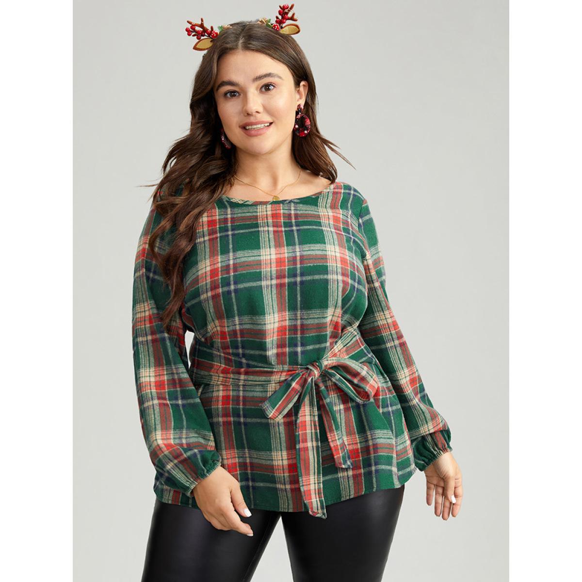 Plus Size DarkGreen Christmas Plaid Ties Lantern Sleeve Blouse Women Elegant Long Sleeve Round Neck Festival-Christmas Blouses BloomChic 26/4X Product Image