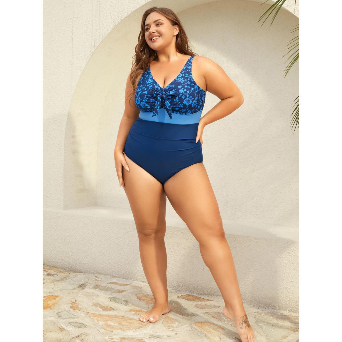 Plus Size Floral Front-Knot One-Piece Swimsuit Women's Swimwear Indigo Beach Gathered Curve Bathing Suits High stretch One Pieces BloomChic 30/6X Product Image