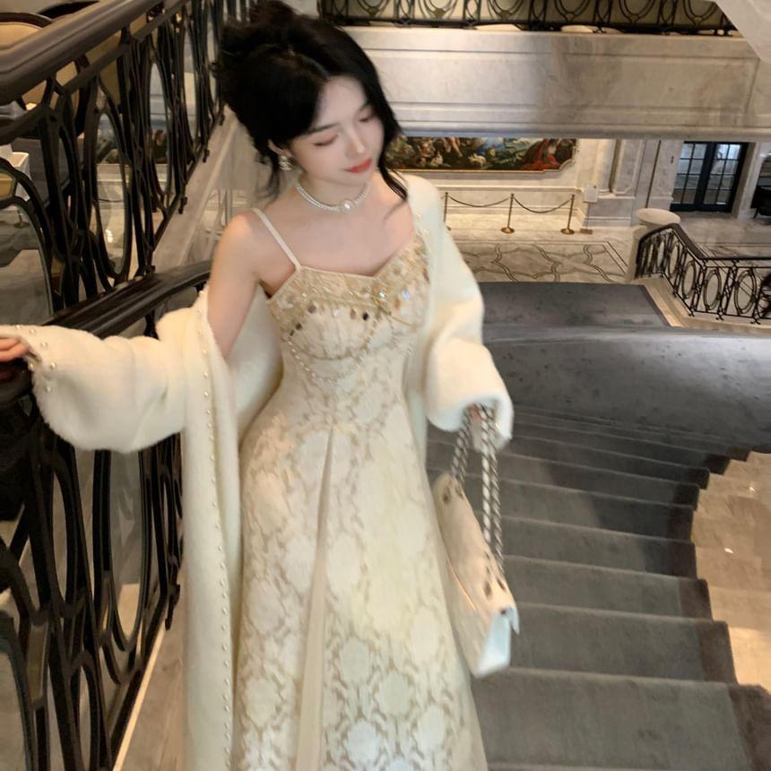 Spaghetti Strap V-Neck Pattern Jacquard Fringed Maxi A-Line Dress / Plain Faux Pearl Accent Long Cardigan / Set Product Image