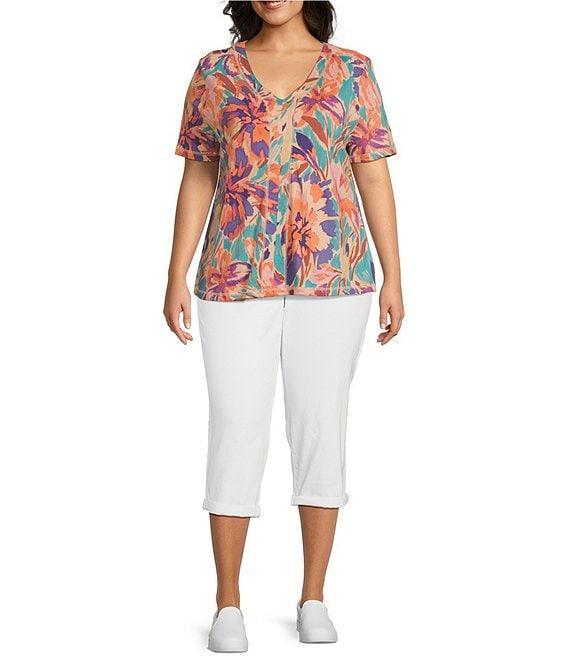 Westbound Plus Size Brushstroke Blossom Floral Short Short V-Neck Top Product Image