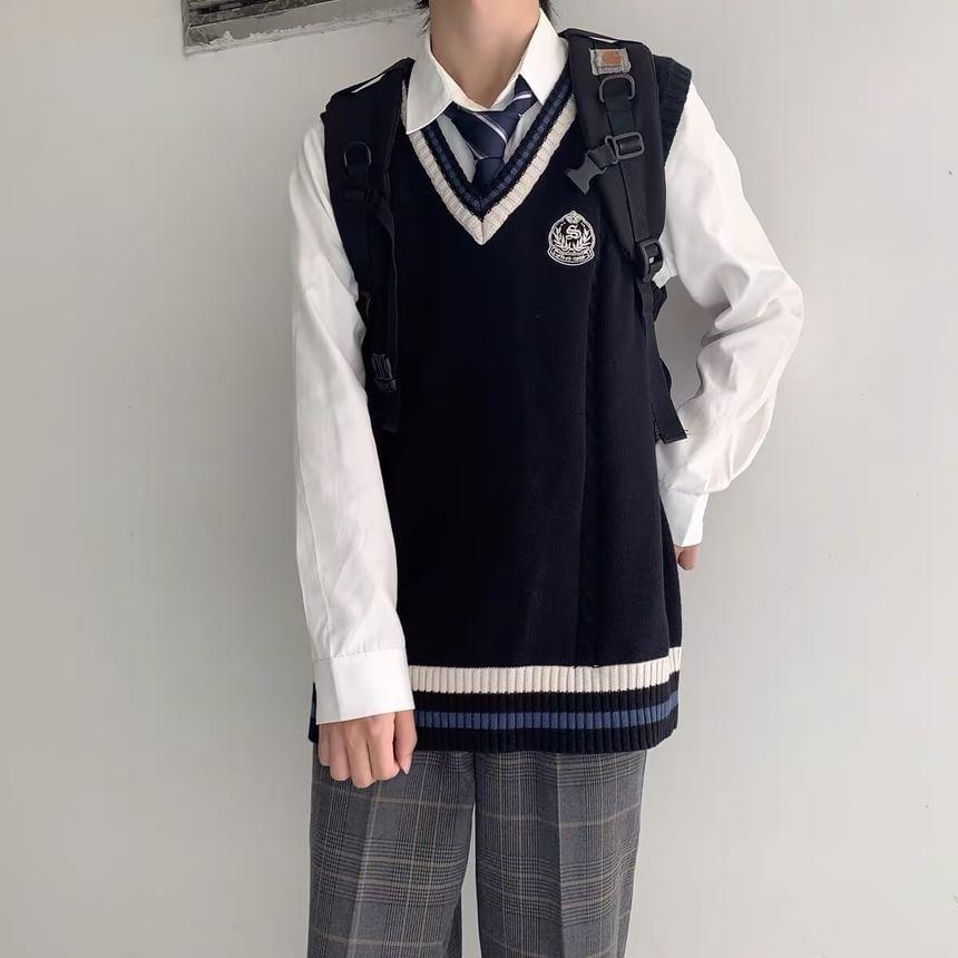 V-Neck Embroidered Striped Sweater Vest Product Image