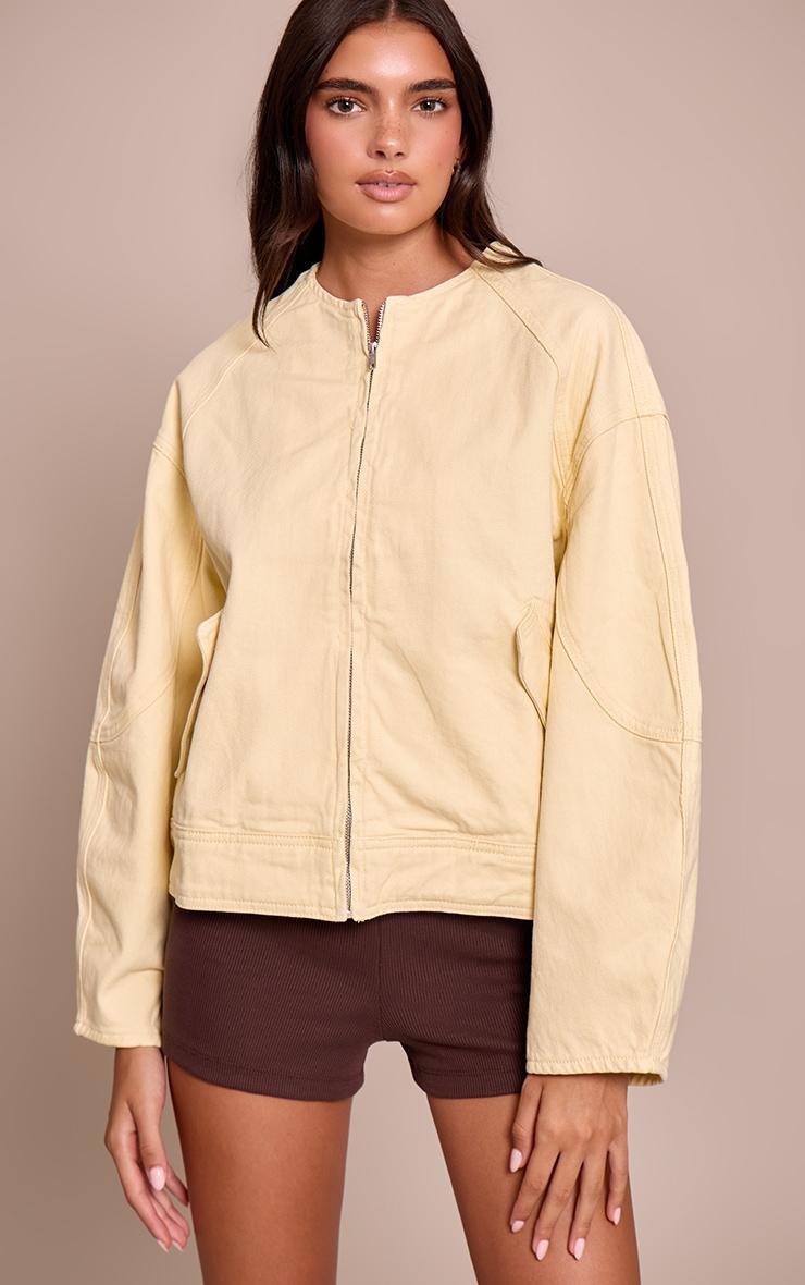 Butter Cream Round Neck Balloon Sleeve Denim Jacket Product Image