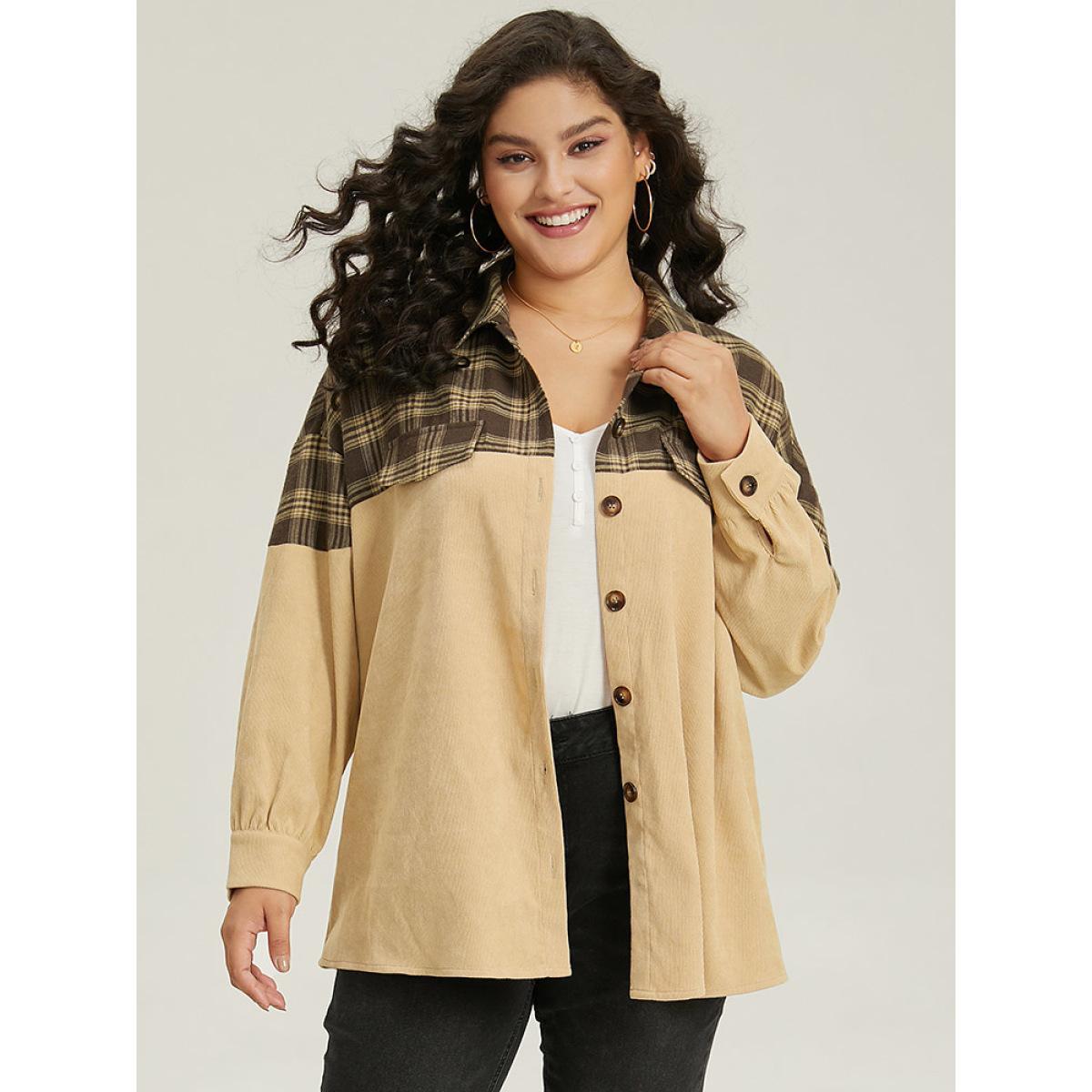 Plus Size Plaid Button Through Patchwork Contrast Jacket Women Tan Contrast Dailywear Jackets BloomChic 10/M Product Image