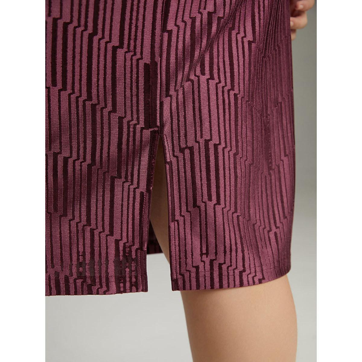 Plus Size Geometric Velvet Belted Split Hem Dress RedViolet Women Cocktail Wrap Overlap Collar Long Sleeve Curvy Knee Dress BloomChic 30/6X Product Image