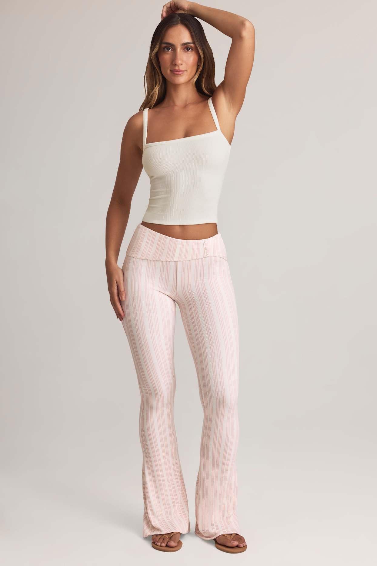 Modal Foldover Mid-Rise Flared Trousers in Stripe Print Product Image