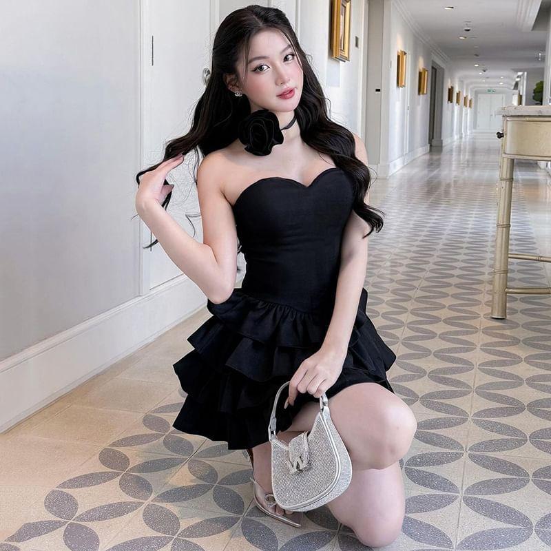 Sleeveless Plain 3D Flower Layered Mini A-Line Dress Product Image