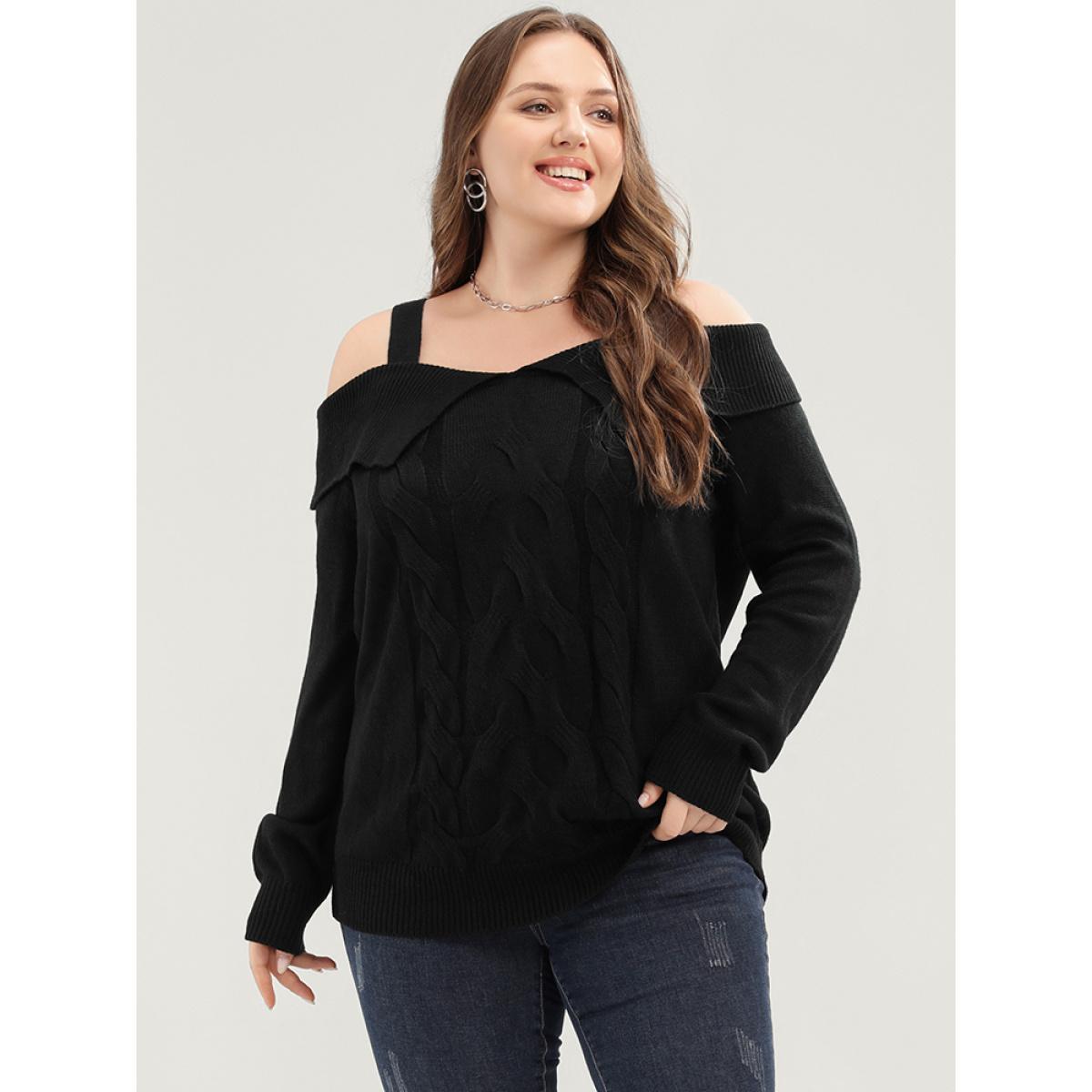 Plus Size Solid Pointelle Knit Cold Shoulder Knit Top Black Women Elegant Long Sleeve Cold Shoulder Dailywear Pullovers BloomChic 26/4X Product Image