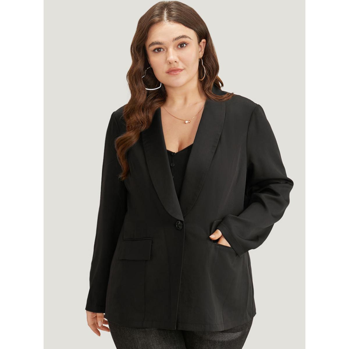 Plus Size Plain Suit Collar Button Up Pocket Blazer Black Women Work Plain Plain Sleeve Long Sleeve Suit Collar 14-16/1X Pocket At the Office Blazers BloomChic Product Image