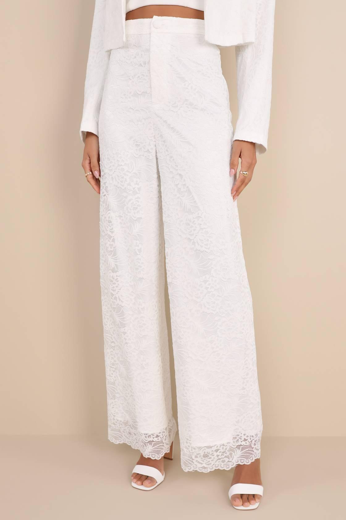 Elegant Pursuit Ivory Lace High-Rise Wide-Leg Trouser Pants Product Image
