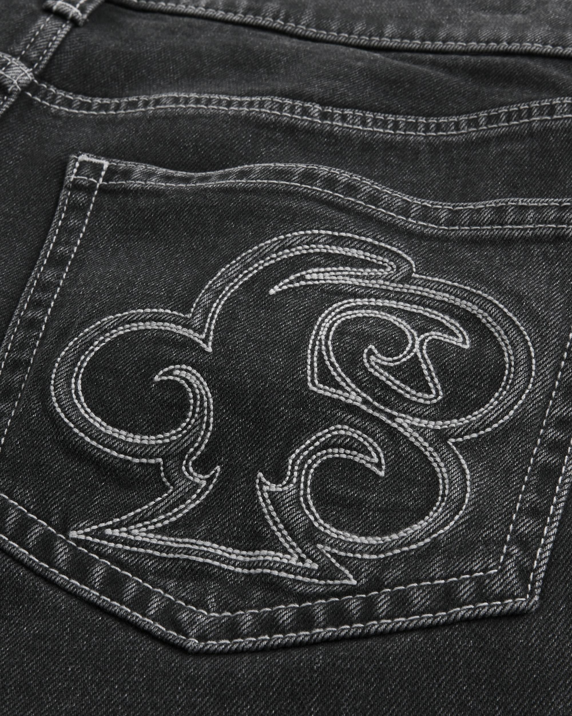 Washed Black Embroidered Baggy Jeans Product Image
