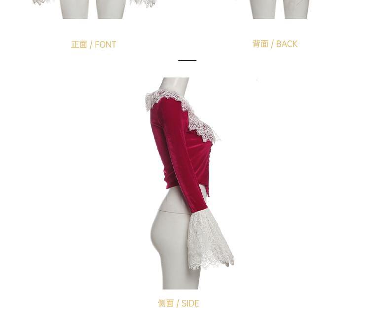 Flared-Sleeve Scoop Neck Plain Lace Trim Asymmetrical Crop Corset Top Product Image
