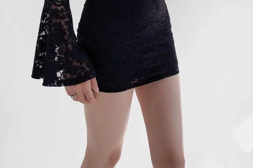 Flare-Sleeve Off Shoulder Lace Mini Bodycon Dress Product Image