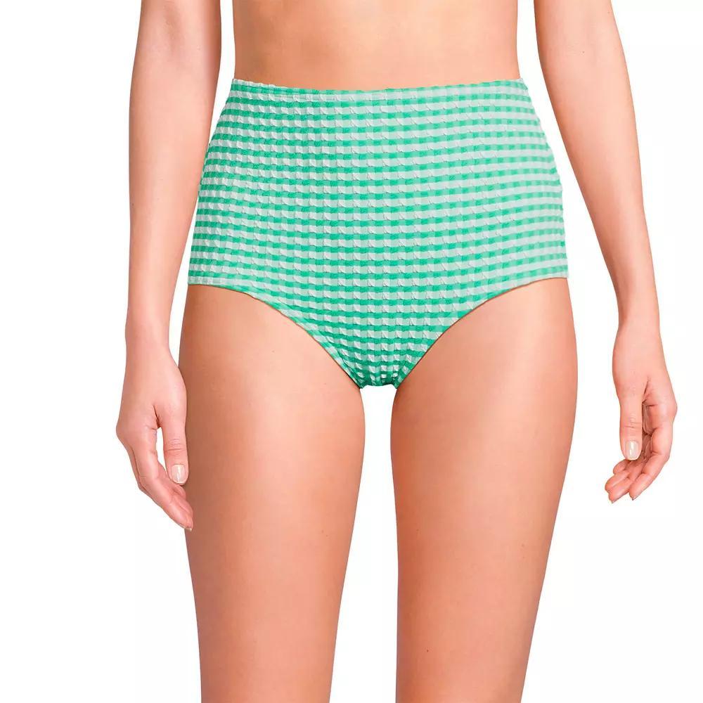 Women's Lands' End Gingham High Waisted Tummy Slimming Tugless Bikini Bottoms, Size: Large, Navy White Gingham Product Image
