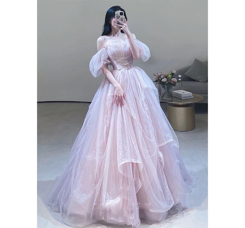Short-Sleeve Square Neck Plain Ruched Criss Cross Mesh A-Line Evening Gown Product Image