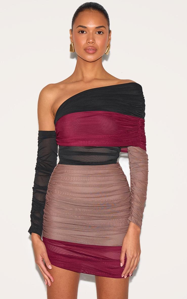 PLT Label Burgundy Bandage Mesh Panel Ruched Asymmetrical Bodycon Dress Product Image