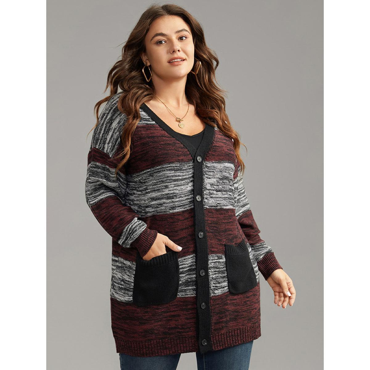 Plus Size Heather Colorblock Contrast Pocket Button Through Cardigan Burgundy Women Casual Loose Long Sleeve Everyday Cardigans BloomChic 30/6X Product Image