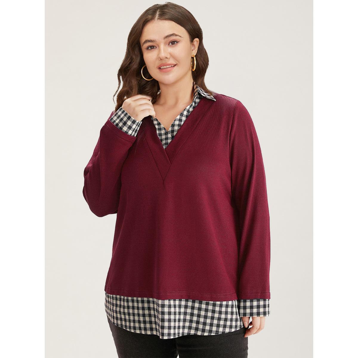 Plus Size Gingham Patchwork Shirt Collar Arc Hem Sweatshirt Women Purple Casual Patchwork V-neck Everyday Sweatshirts BloomChic 10/M Product Image
