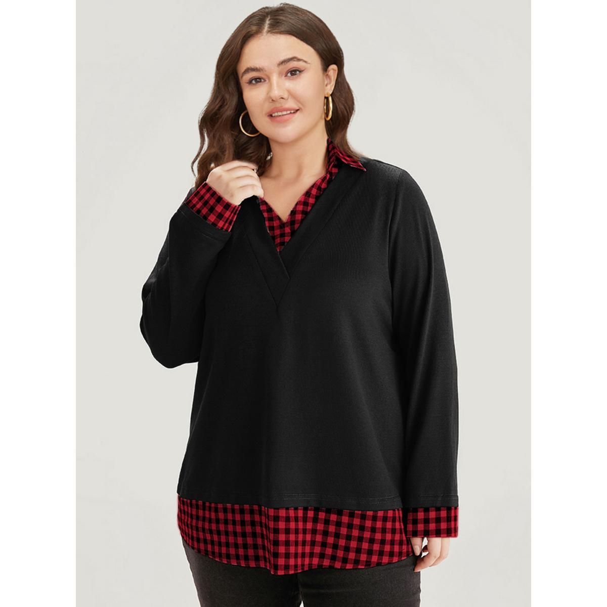 Plus Size Gingham Patchwork Shirt Collar Arc Hem Sweatshirt Women Green Casual Patchwork V-neck Everyday Sweatshirts BloomChic 26/4X Product Image