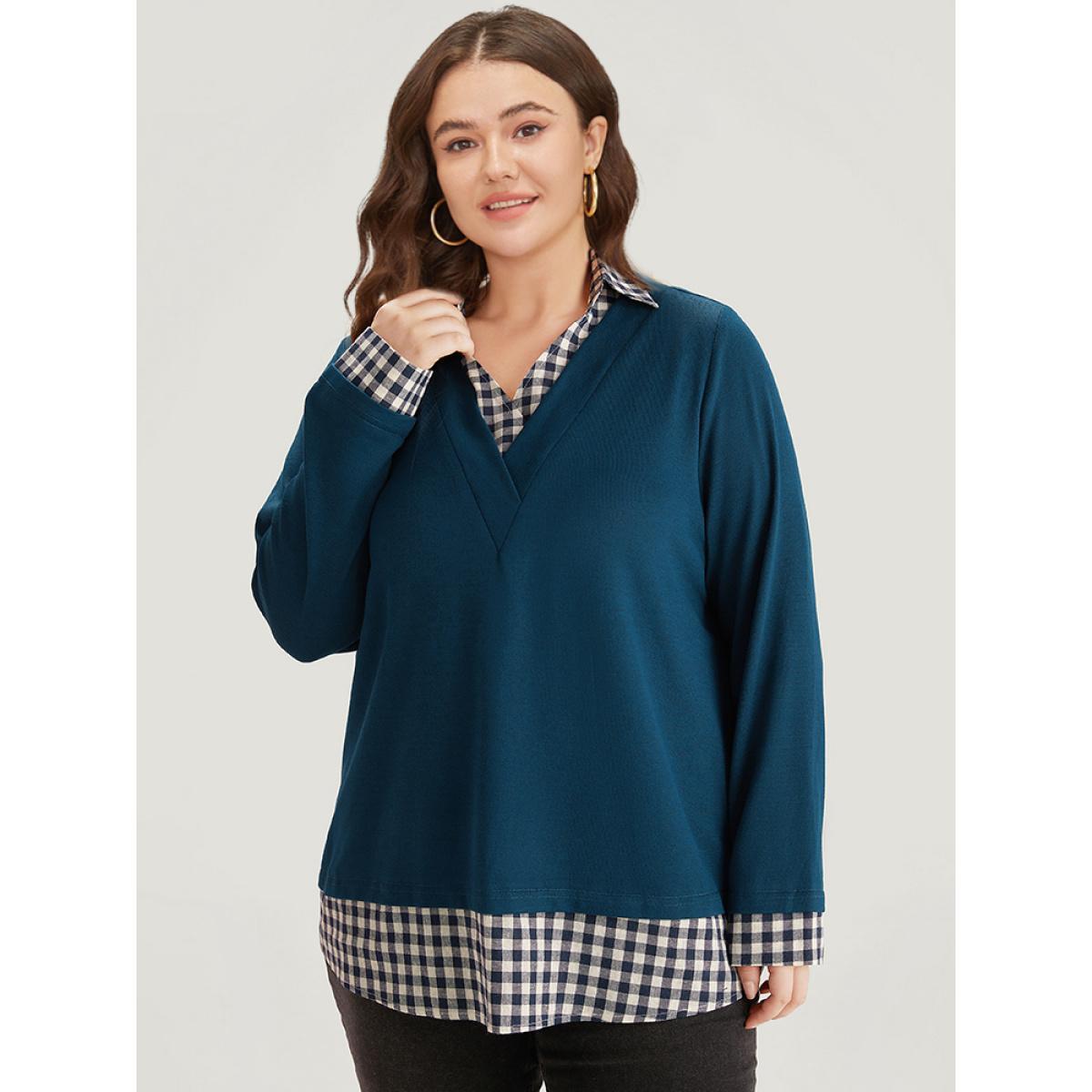 Plus Size Gingham Patchwork Shirt Collar Arc Hem Sweatshirt Women Blue Casual Patchwork V-neck Everyday Sweatshirts BloomChic 18-20/2X Product Image