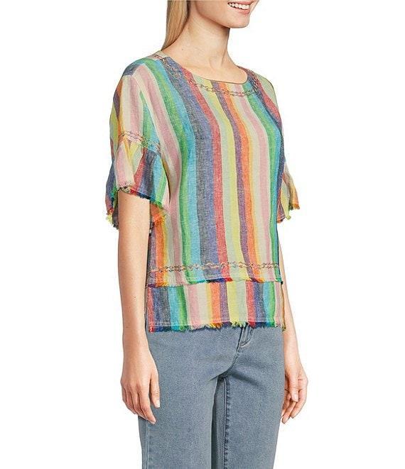 John Mark Embroidered Yarn-Dye Stripe Crew Neck Short Ruffle Hi-Low Hem Top Product Image
