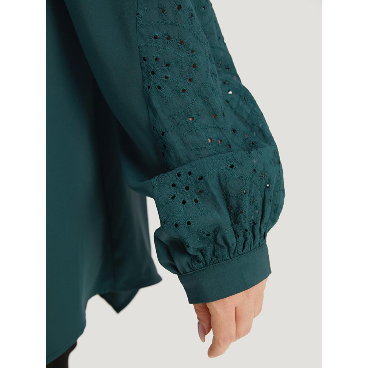 Plus Size DarkGreen Anti-Wrinkle Broderie Anglaise Knot Neck Frill Trim Lantern Sleeve Blouse Women Office Long Sleeve Tie Neck Work Blouses BloomChic 10/M Product Image