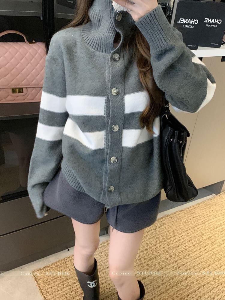 Striped Turtleneck Button Up Cardigan / High Waist Plain Shorts Product Image