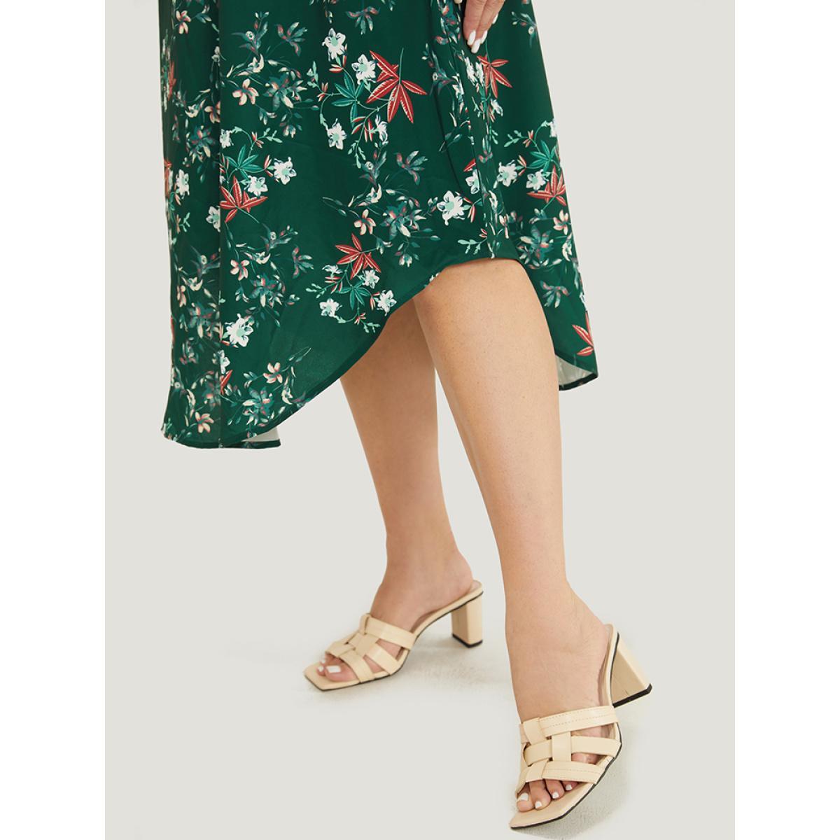 Plus Size Floral Ruffles Half Zipper Pocket Arc Hem Dress DarkGreen Women Elegant Zipper V-neck Short sleeve Curvy Midi Dress BloomChic 28/5X Product Image