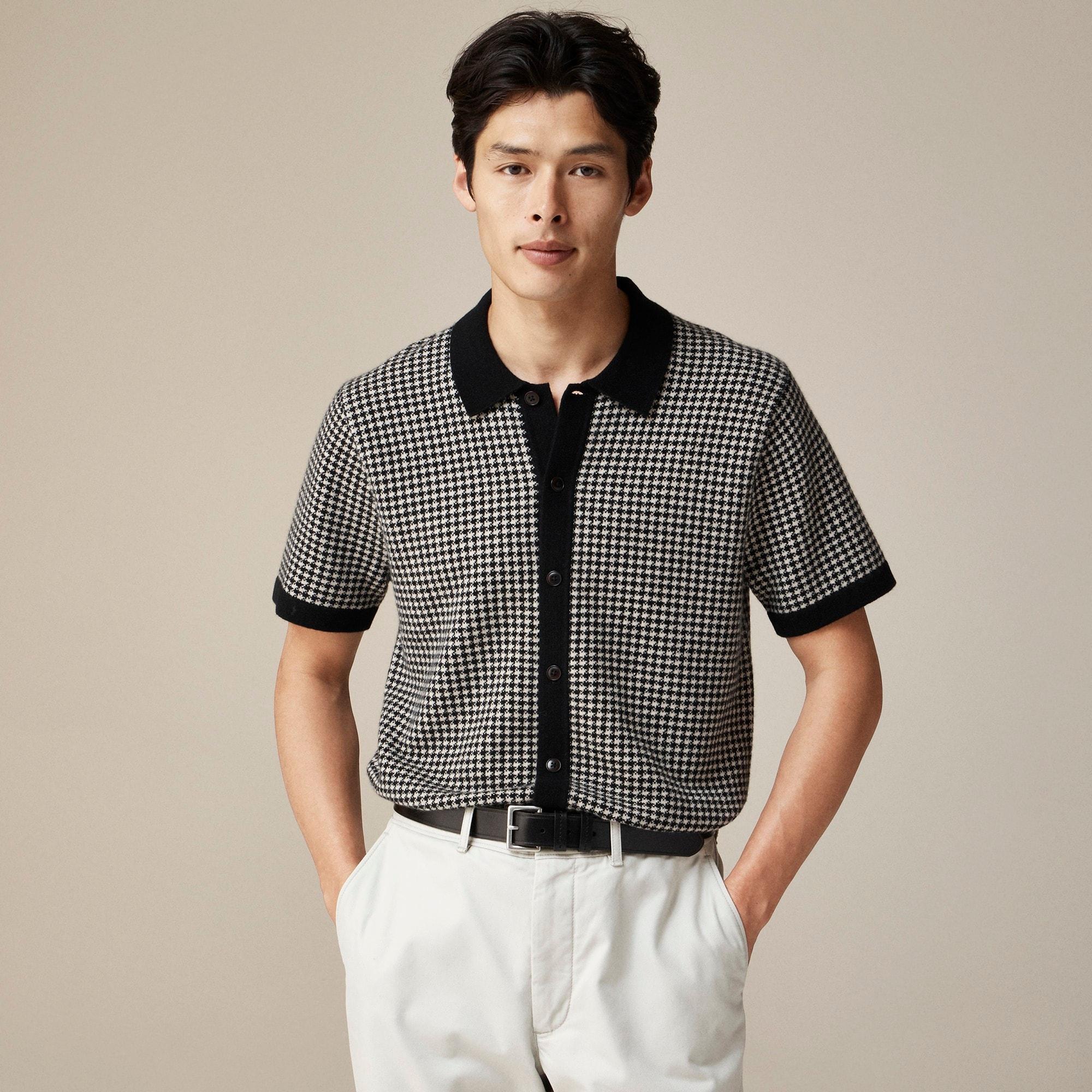 Short-sleeve cashmere cardigan sweater-polo in houndstooth Product Image