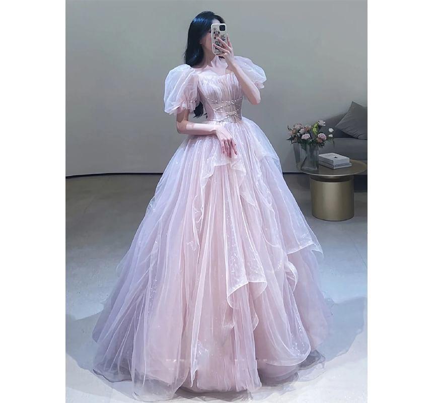 Short-Sleeve Square Neck Plain Ruched Criss Cross Mesh A-Line Evening Gown Product Image