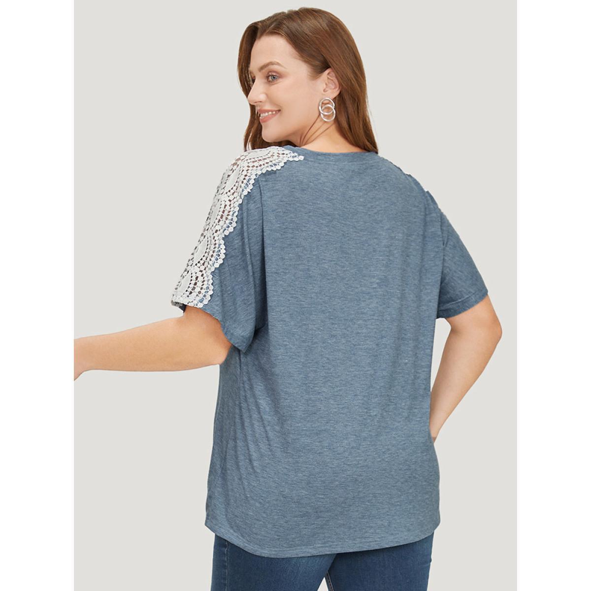 Plus Size Solid Contrast Lace Heather T-shirt Stone Women Elegant Heather Plain Round Neck Dailywear T-shirts BloomChic 22-24/3X Product Image