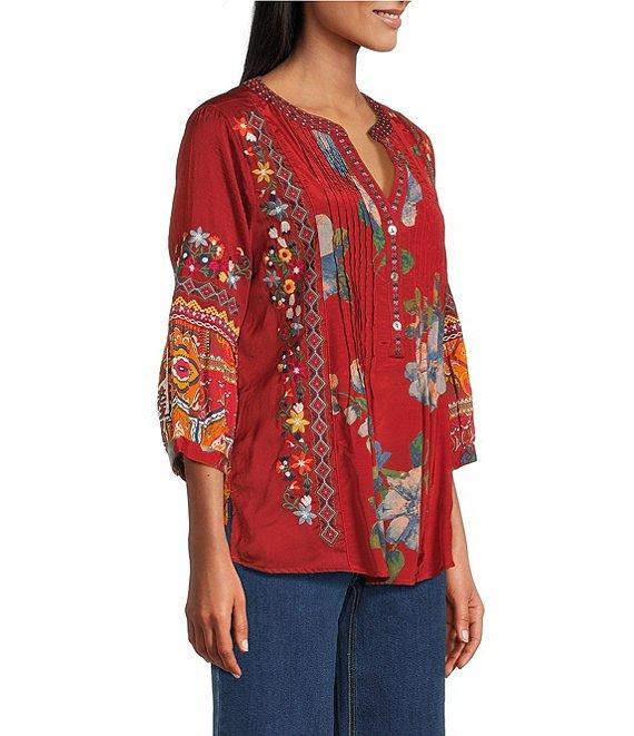 John Mark Petite Size Embroidered Multi Patch Split V-Neck 3/4 Sleeve Hi-Low Hem Tunic Product Image