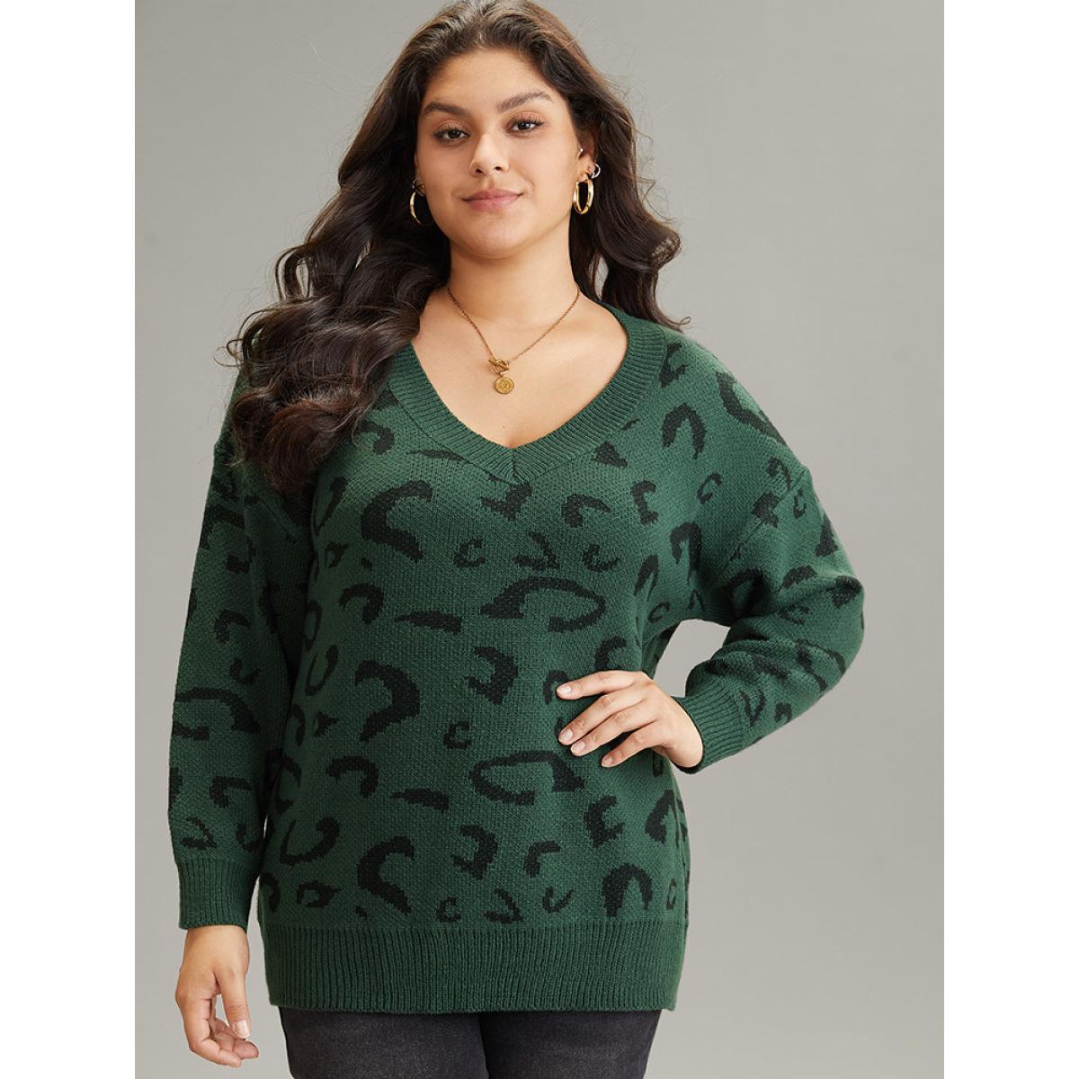 Plus Size Supersoft Essentials Leopard Print Drop Shoulder Pullover DarkGreen Women Casual Loose Long Sleeve V-neck Dailywear Pullovers BloomChic 12/L Product Image